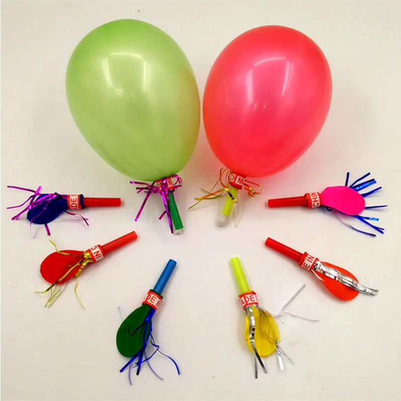 

50pcs Mixed Color Whistle Balloon Birthday Party Kids Toys Decoration Birthday Gift Gold Wire Whistle Horn Balloon Bubble Toy