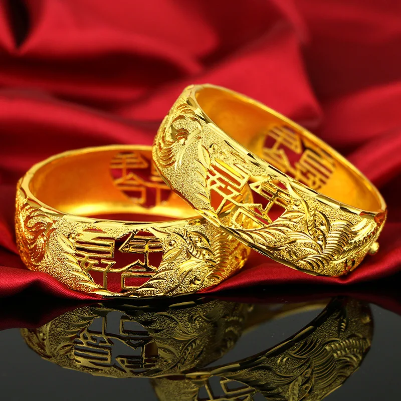 

HOYON Real 24K Gold Color Big Bangles For women brides Wedding Bracelet Hollow Dragon and Phoenix Bracelet Jewelry Gifts