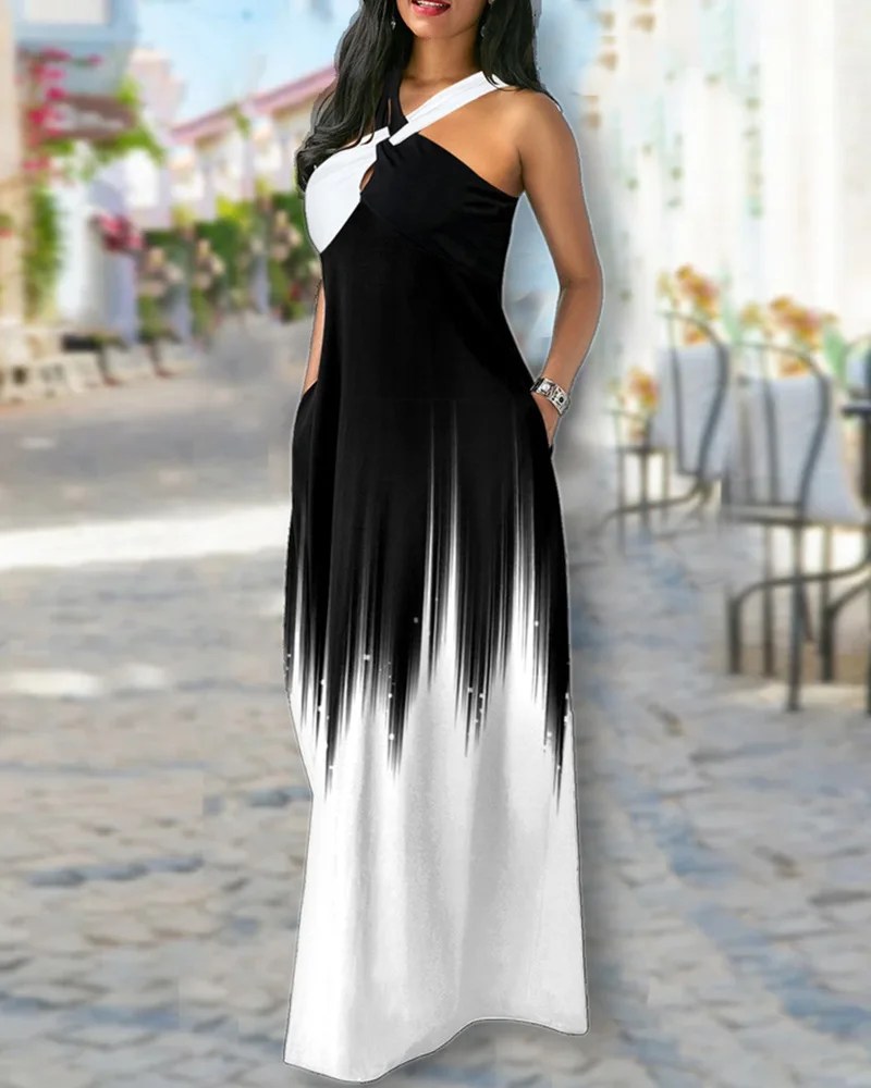 

Ombre Crisscross Pocket Design Maxi Dress Chic Fashion Summer Daily Casual Sleeveless Asymmetrical Neck Woman