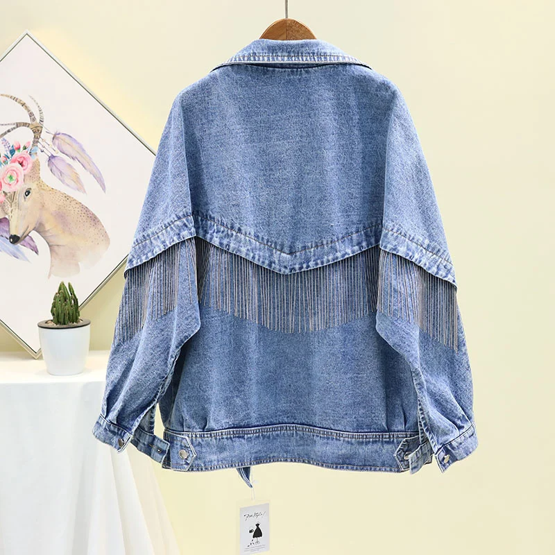 

Black Spring Denim Jacket Coat Women Loose Casual Outerwear Chaqueta Mujer Handwork Chain Tassel Long Blue Jeans Jackets Female