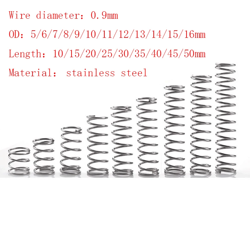 

10pcs/Lot 0.9mm Stainless Steel Micro Small Compression Spring OD 5/6/7/8/9/10/11/12/13/14/15/16mm Length 5mm to 50mm