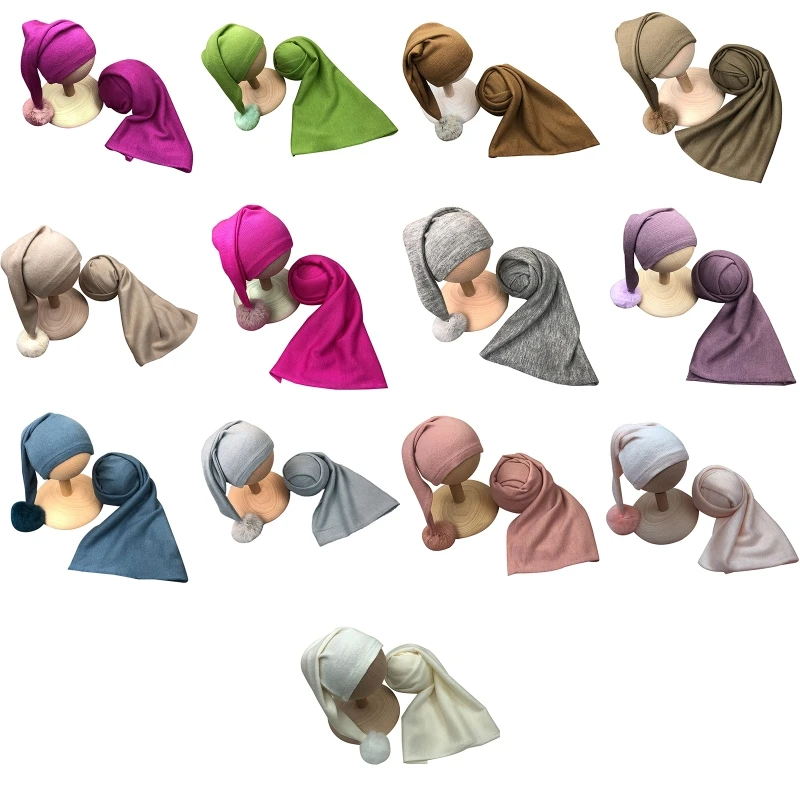 

2 Pcs Baby Receiving Blanket Beanie Set Infants Sleeping Turban Pompom Hat Newborn Photography Props