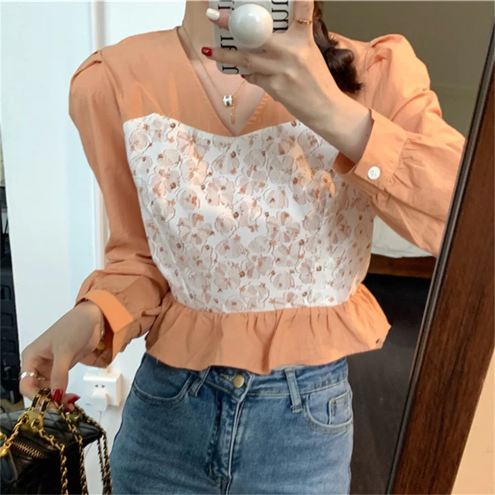

HziriP 2022 Sweet Slim Blouses Women New V-Neck Fashion High Street Spring Hot Office Lady Vintage Printed Florals Casual Tops