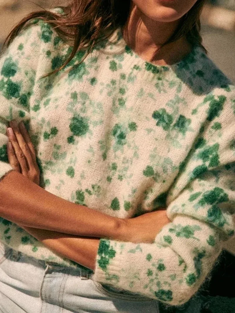 

Women Sweater Floral Printed O-Neck Long Sleeve Casual Knitting Pullover