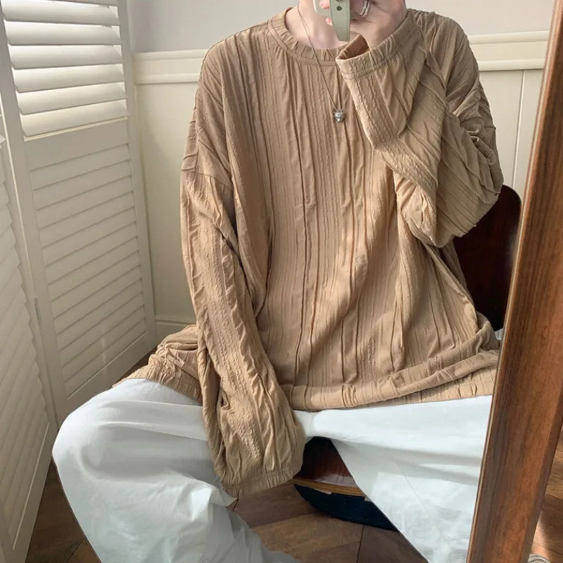 

Autumn 4-color Long-sleeved T-shirt Men Fashion Casual Pleated T-shirt Men Korean Loose Oversized O-neck T Shirt Mens Top M-XL