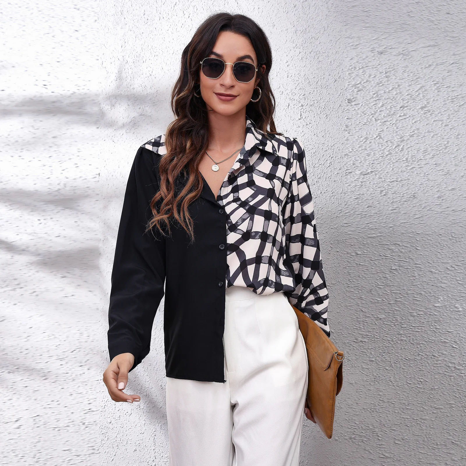 

Блузка женская с длинным рукавом, однотонная клетчатая строчка, Топ