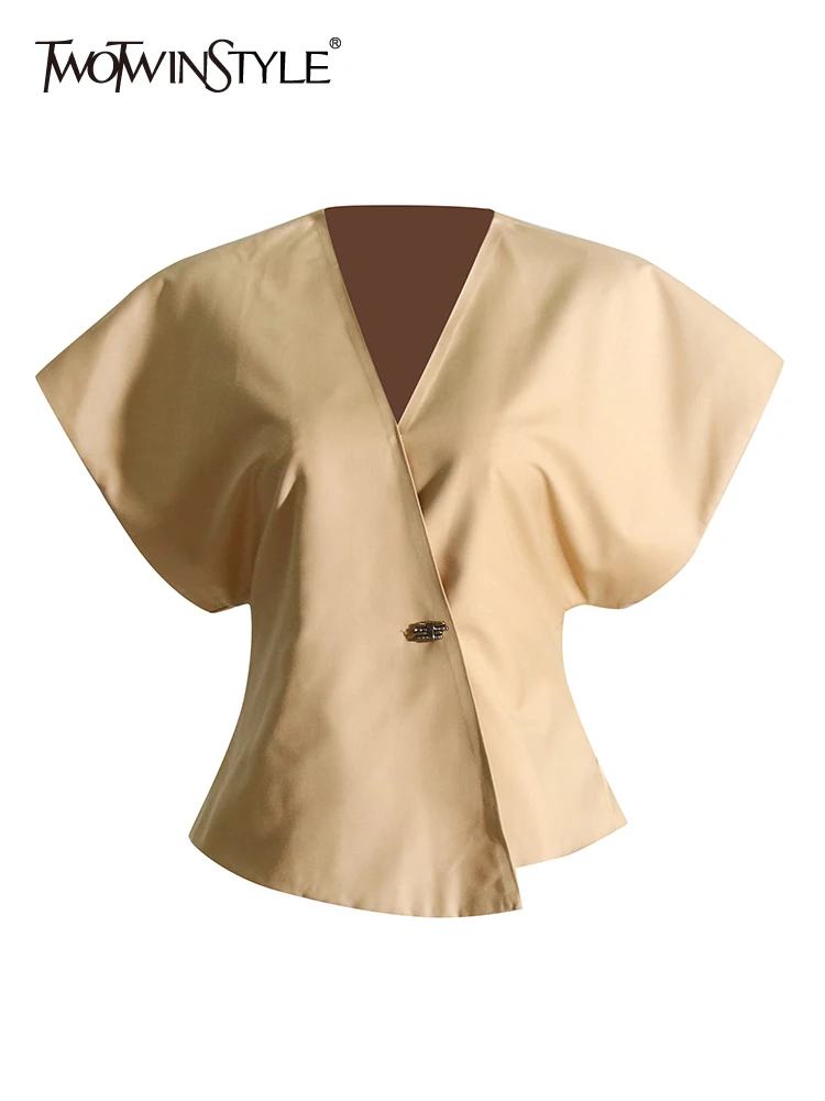 

TWOTWINSTYLE Korean Blazers For Women V Neck Short Sleeve Casual Patchwork Button Summer Slim Blazer Female Fashion Clothing New