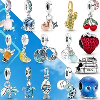 2022 new silver color murano glass pink sea turtle dangle charm fit original brand bracelet pendant diy jewelry gift