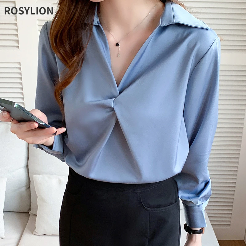 

Girls Blue Satin Shirt Elegant Streetwear Smooth Turndown Collar Long Sleeve Pink Blouse Ladies Tops Big Size Women Officewear