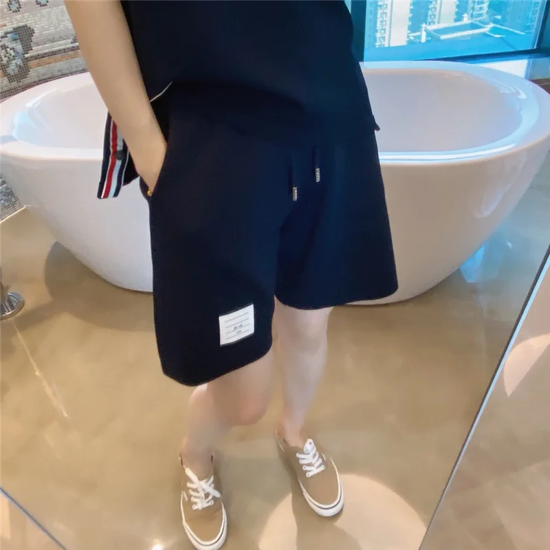 

Summer TB candy powder blue loose high waist silk simple thin knitted ice hemp sports shorts women