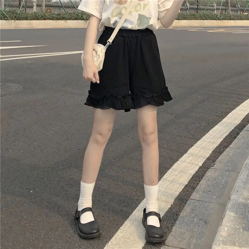Ruffles Women Shorts Preppy Style Japanese High Waist Elastic Wide Leg Trousers Students Sweet Korean Chic All-match Casual New