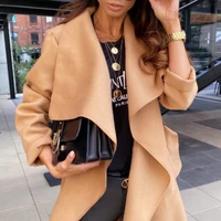 european and american autumn and winter 2021 fashion solid color lapel long sleeved tie cardigan woolen coat womens clothing