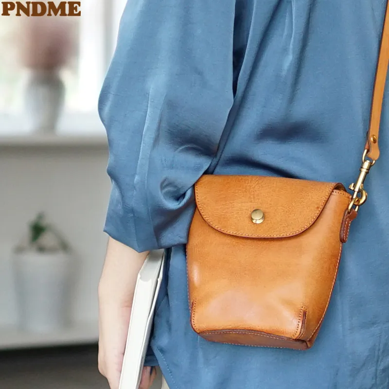 PNDME casual simple luxury genuine leather ladies small crossbody bag outdoor weekend daily real cowhide women's shoulder bag