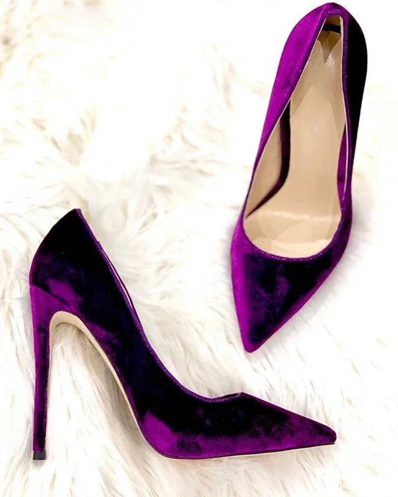 Purple Royal Blue Velvet High Heel Sexy Pointed Toe Pumps Woman Party Dress Heels Super Stiletto Wedding Shoes