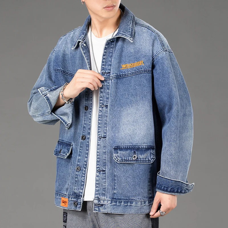 Spring Autumn Denim Vintage Streetwear Men's Jacket Loose Plus Size Casual Embroidered Cargo Jackets for Men Top Clothes M-4XL