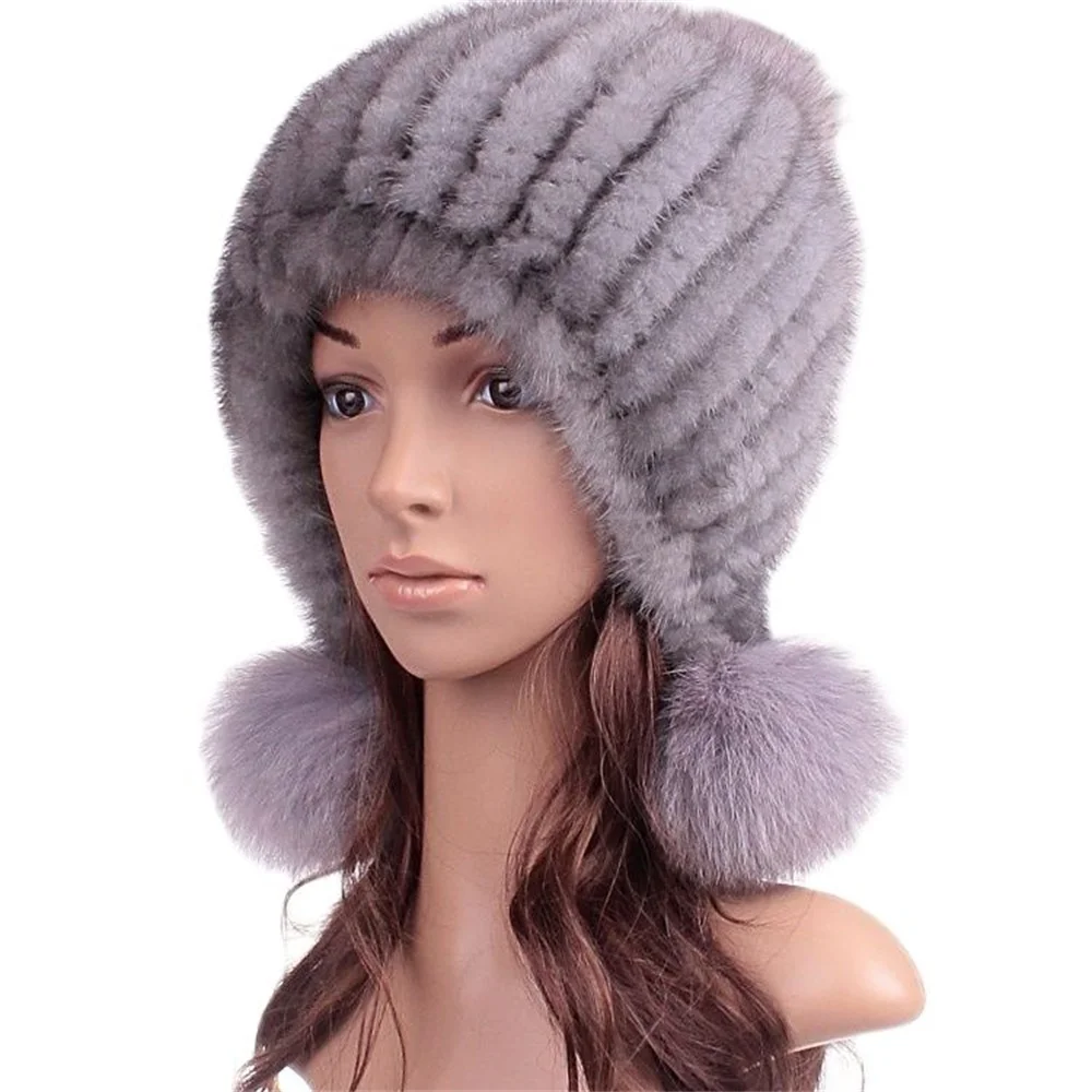 

Woman Winter Hot Sale Casual Thick Stretch Bulb Weaving Mink Skullies Beanies Fur Hats Lady Protect Ear Warm Fox Fur Caps