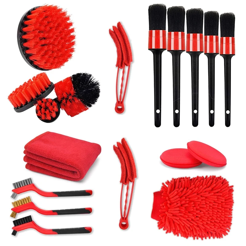 

18Pcs Car Care Brush Kit Detailing Drill Brush Set Towel Gloves Applicator Pad Air Vent Brush Wire Brushes Cleaning Kits