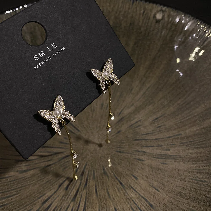 

2022 Korean Rhinestone Butterfly Long Tassel Drop Earrings for Women High Quality Gold Plated Dangle Earring Fashion Jewelry