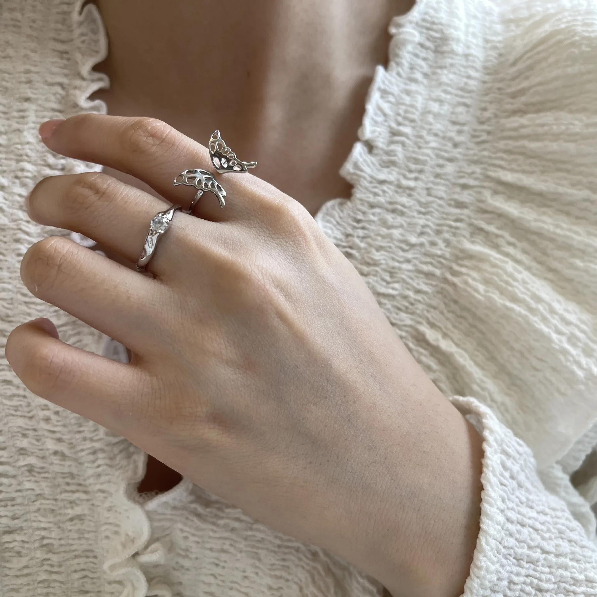 

925 Sterling Silver Hollow Butterfly Inlaid Diamond Opening Version Ring Women Gothic Wedding Aristocats Rings Luxury Jewelry