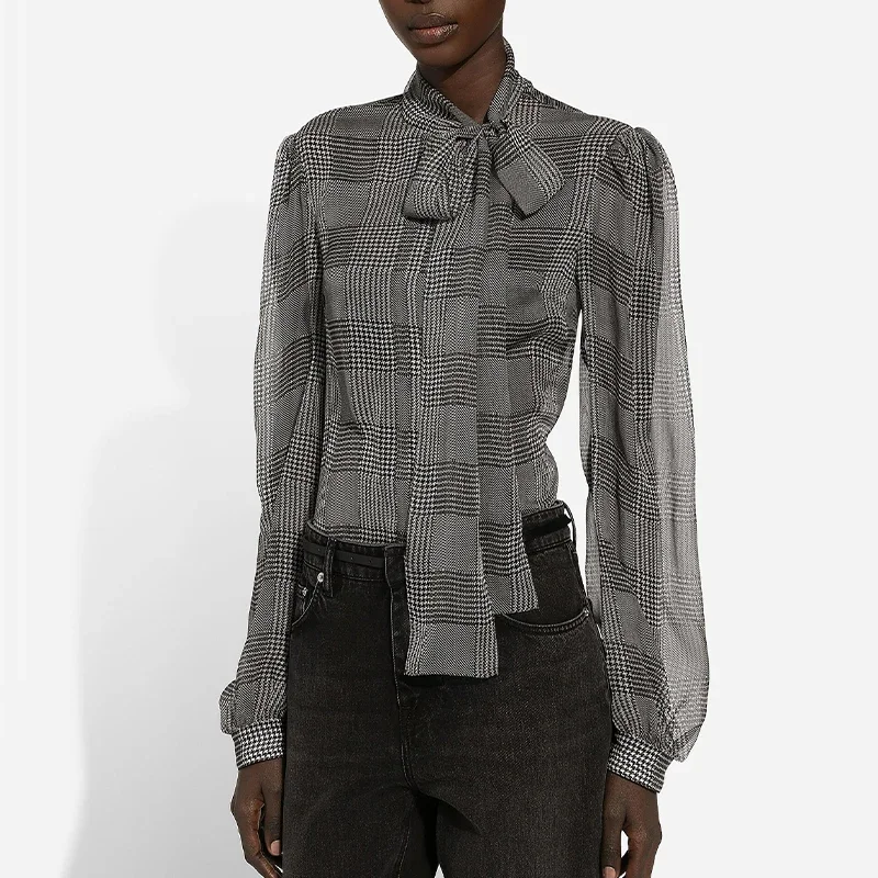 NIGO женская весенне-осенняя клетчатая шелковая галстук повседневная рубашка с