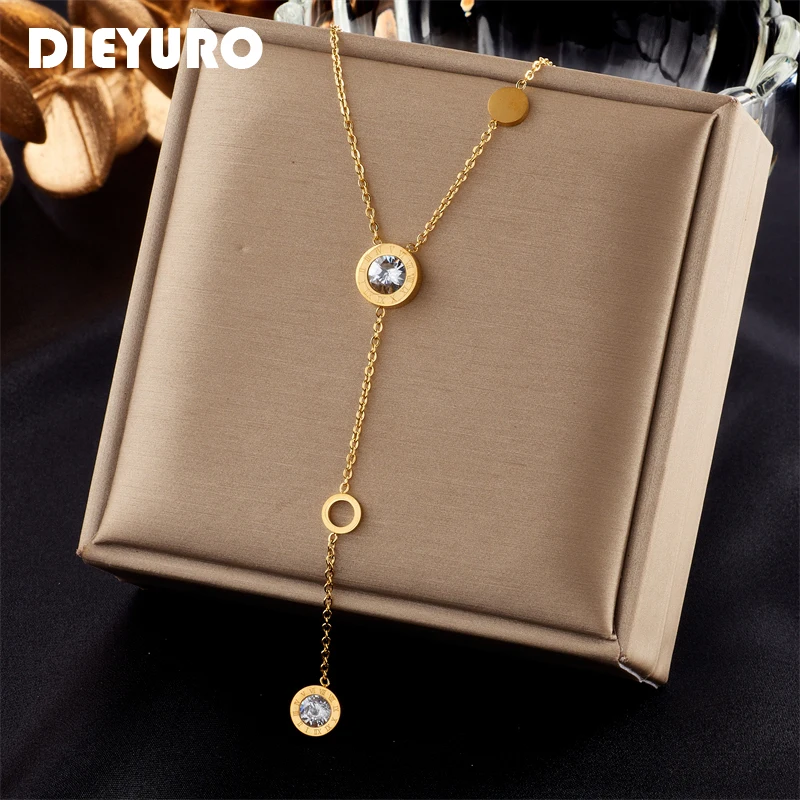 

DIEYURO 316L Stainless Steel Roman Numeral Dial Zircon Long Pendant Necklace For Women Fashion Girls Clavicle Chain Jewelry Gift
