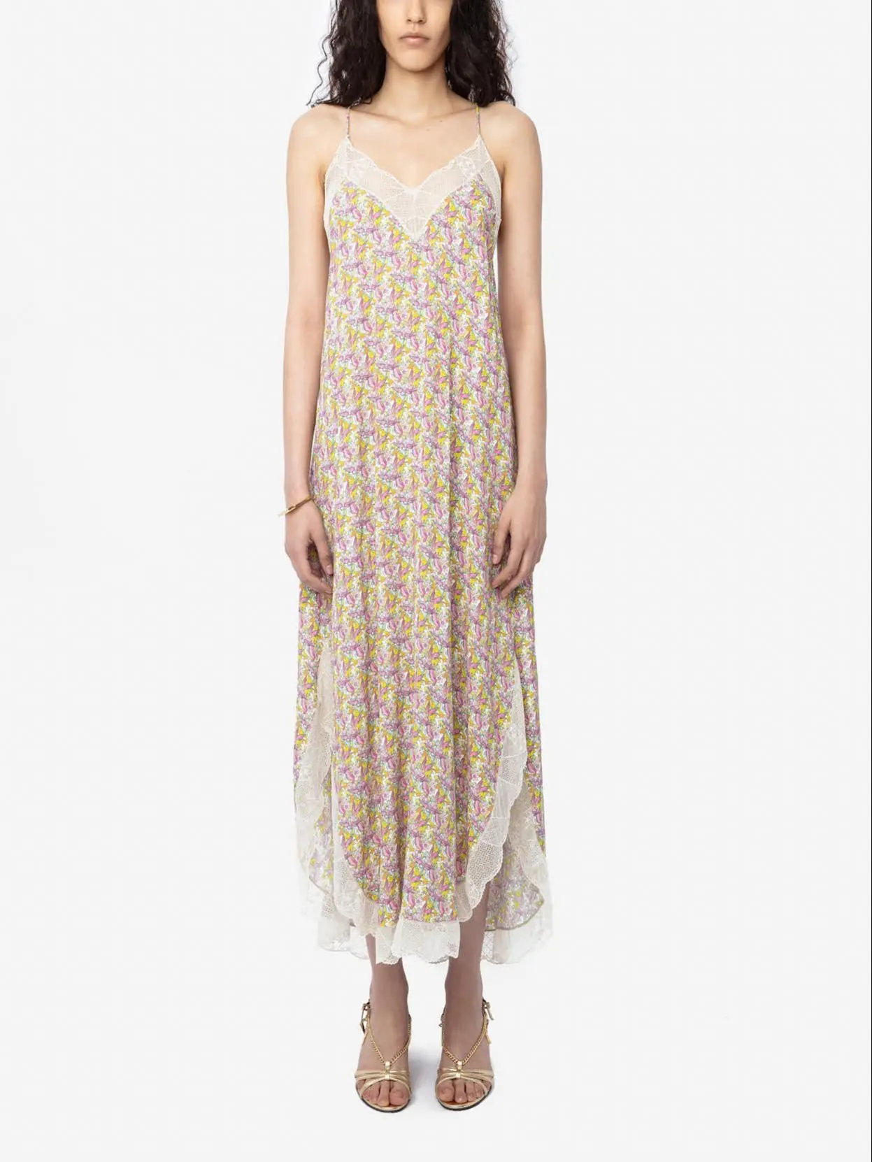 

Women Midi Dress Print Lace Sleeveless Split Irregular Sling Robes