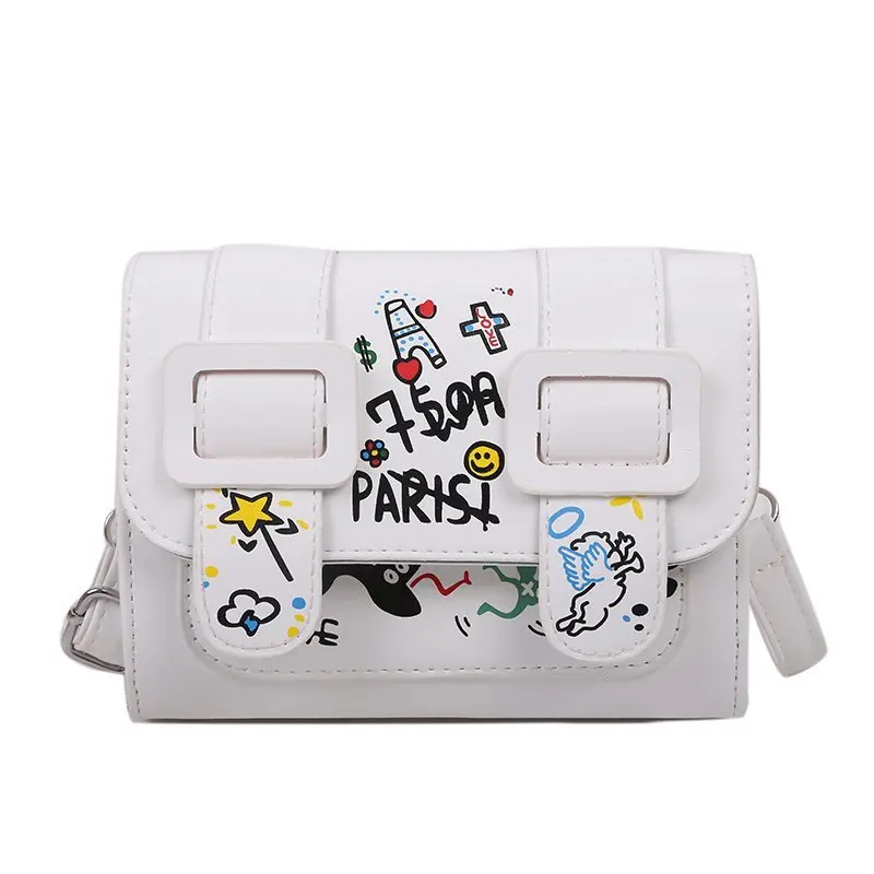 

Women Graffiti Shoulder Bags Crossbody Square Bag New Fashion PU Leather Belt Buckle Contrast Color Flap Messenger Bag