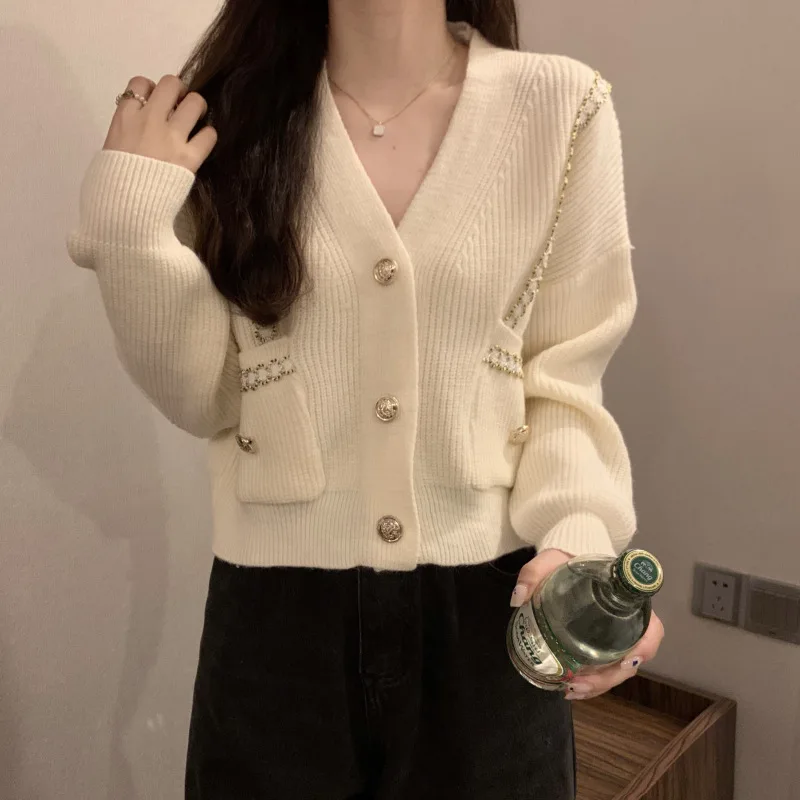 

Cardigan sweater v-neck small fragrance knitted cardigan spring 2022 new French niche chic short sweater jacket sweater women