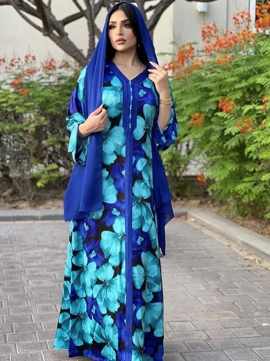 "Женское платье-абайя Blue Flora Jalabiya, мусульманское платье Дубая, модель 2022 абайя"