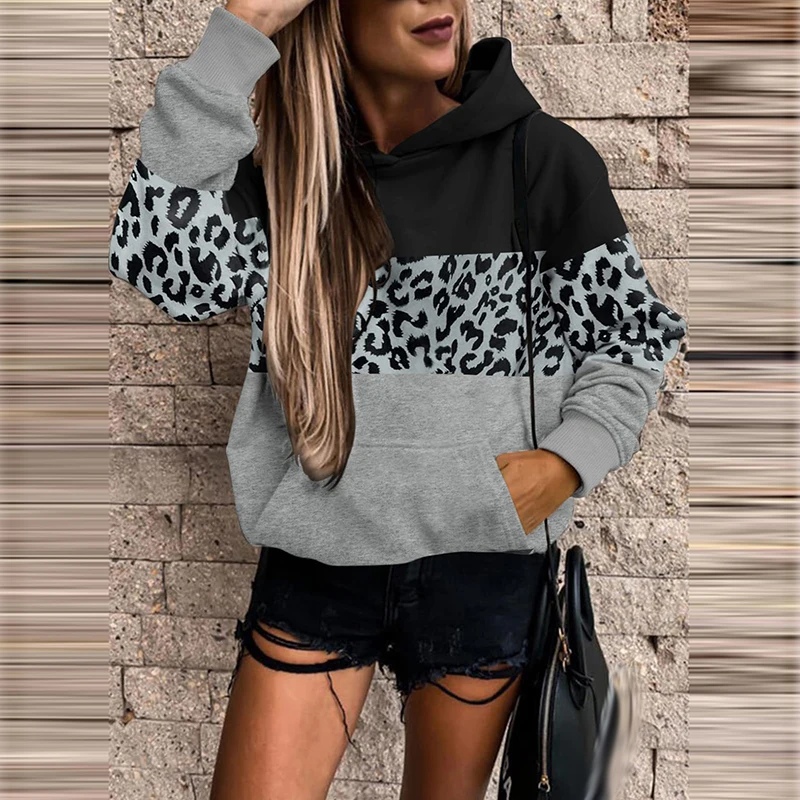 

Autumn Elegant Loose Hooded Sweatshirts Women Casual Long Sleeve Pockets Hoodie Winter Fashion Striped Patchwork Pullovers Tops