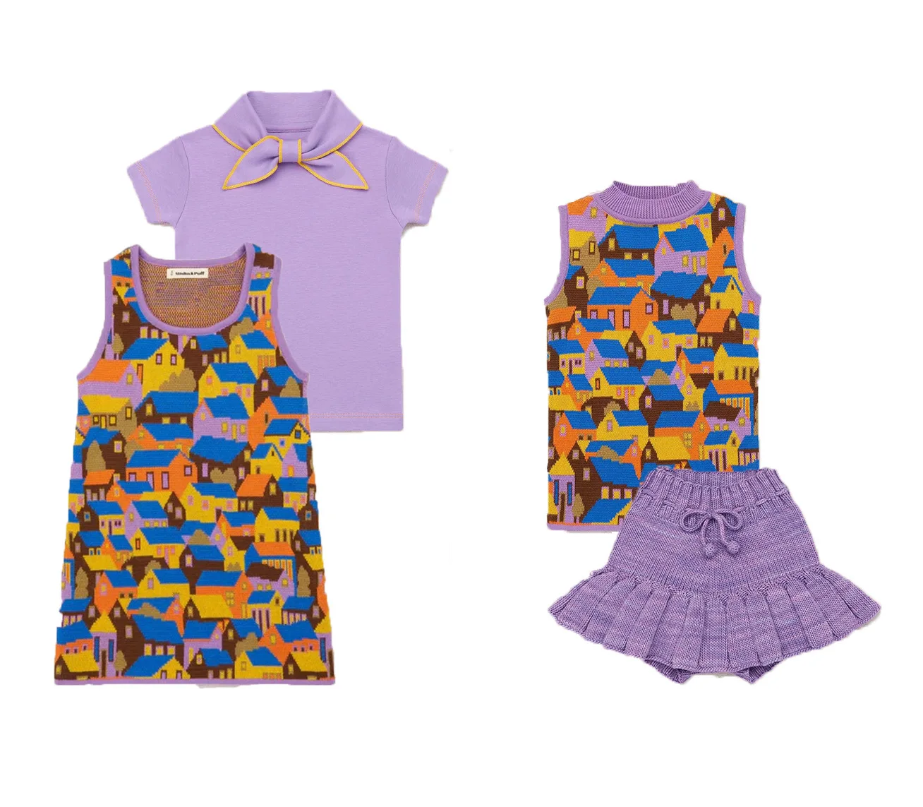 

Модные вязаные топы Ins с изображением домика сказок МП, хлопковые подходящие к девочкам трикотажные шорты, юбка, детские фиолетовые рубашки, качественная одежда