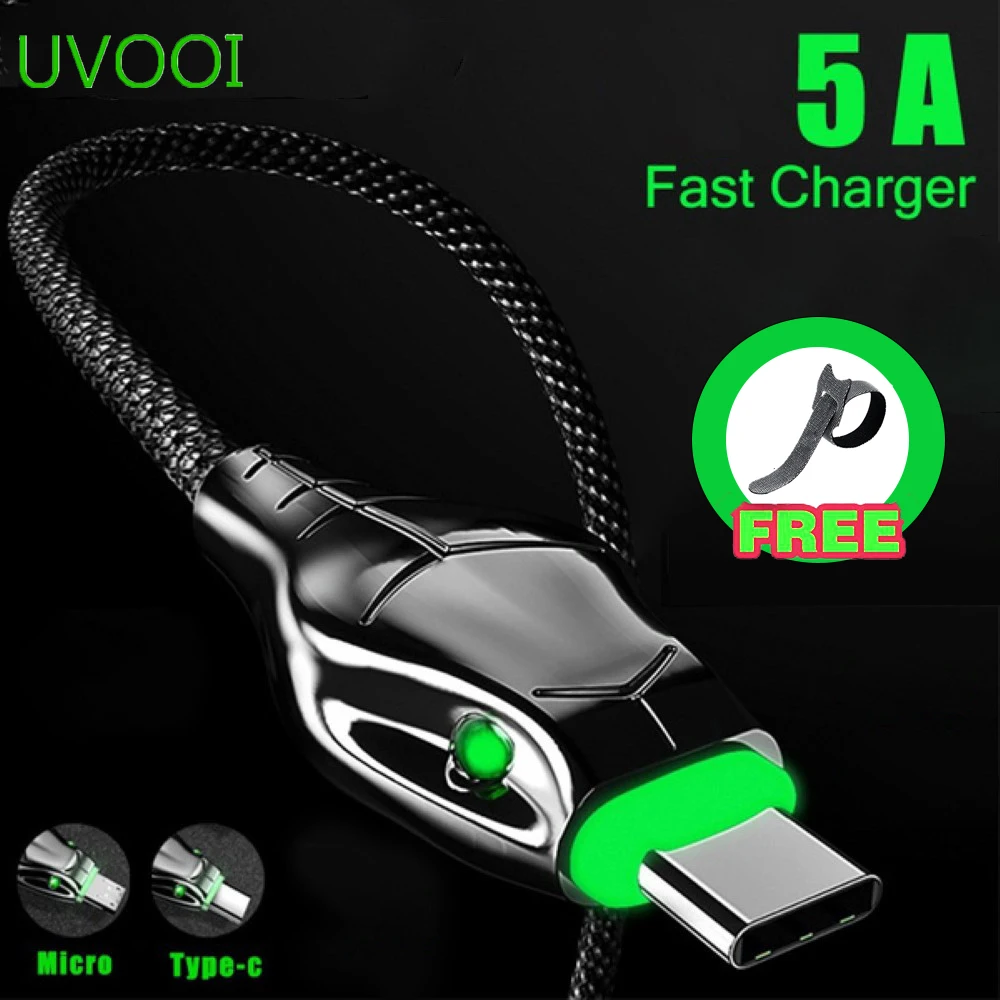 

UVOOI Black Mamba 5A Fast Charging Cable Nylon Type C Micro USB Data Charger Cable For Samsung Galaxy Xiaomi Mi11 Huawei Oneplus