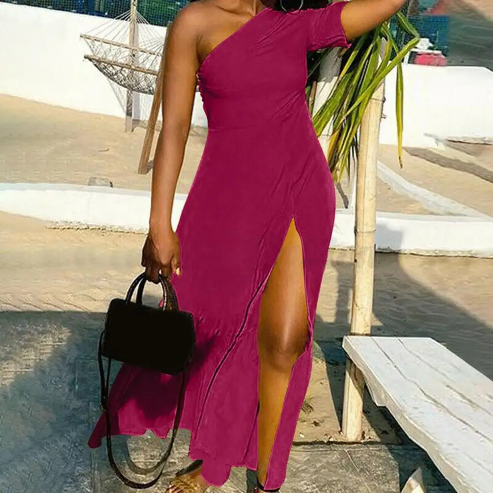 

Fashion Solid Beach Dresses for women 2022 Sexy One Shoulder Slim Chest Wrap Dress Women Elegant Short Sleeve Slit Party Dress