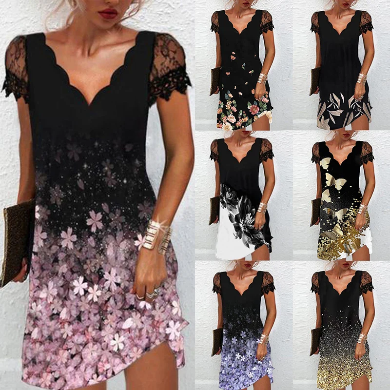 

New Women Print V Neck Lace Stitching Short-sleeved Dress Sexy Fashion Elegant Summer Plus Size Casual Vintage Vestidos Sundress