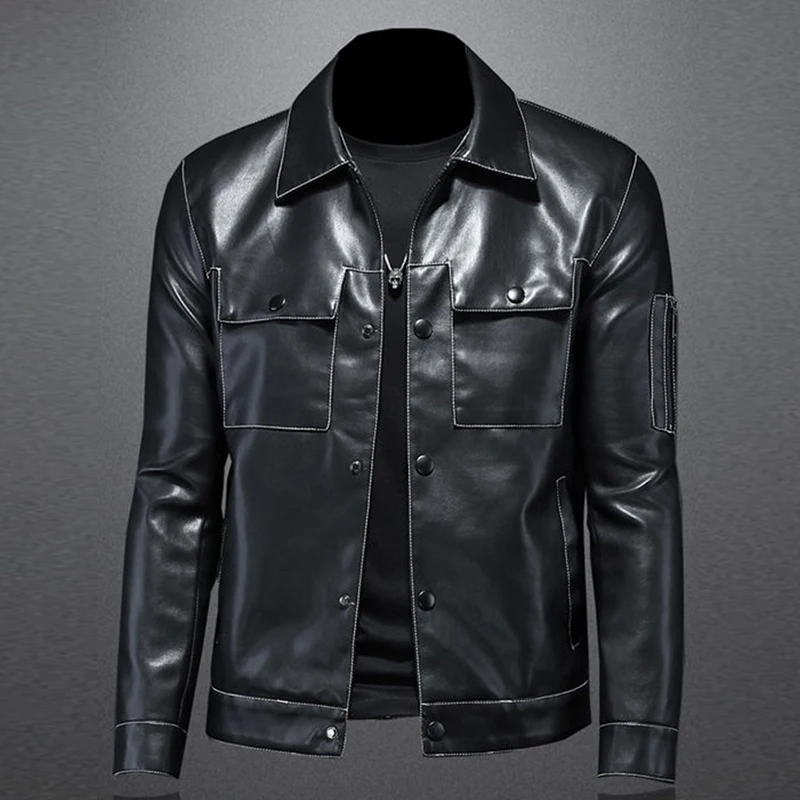 Autumn Winter 2022 New Lapel Leather Jacket Men's PU Trendy Motorcycle Fashion Coat Clothing Bomber Luxury Blouse