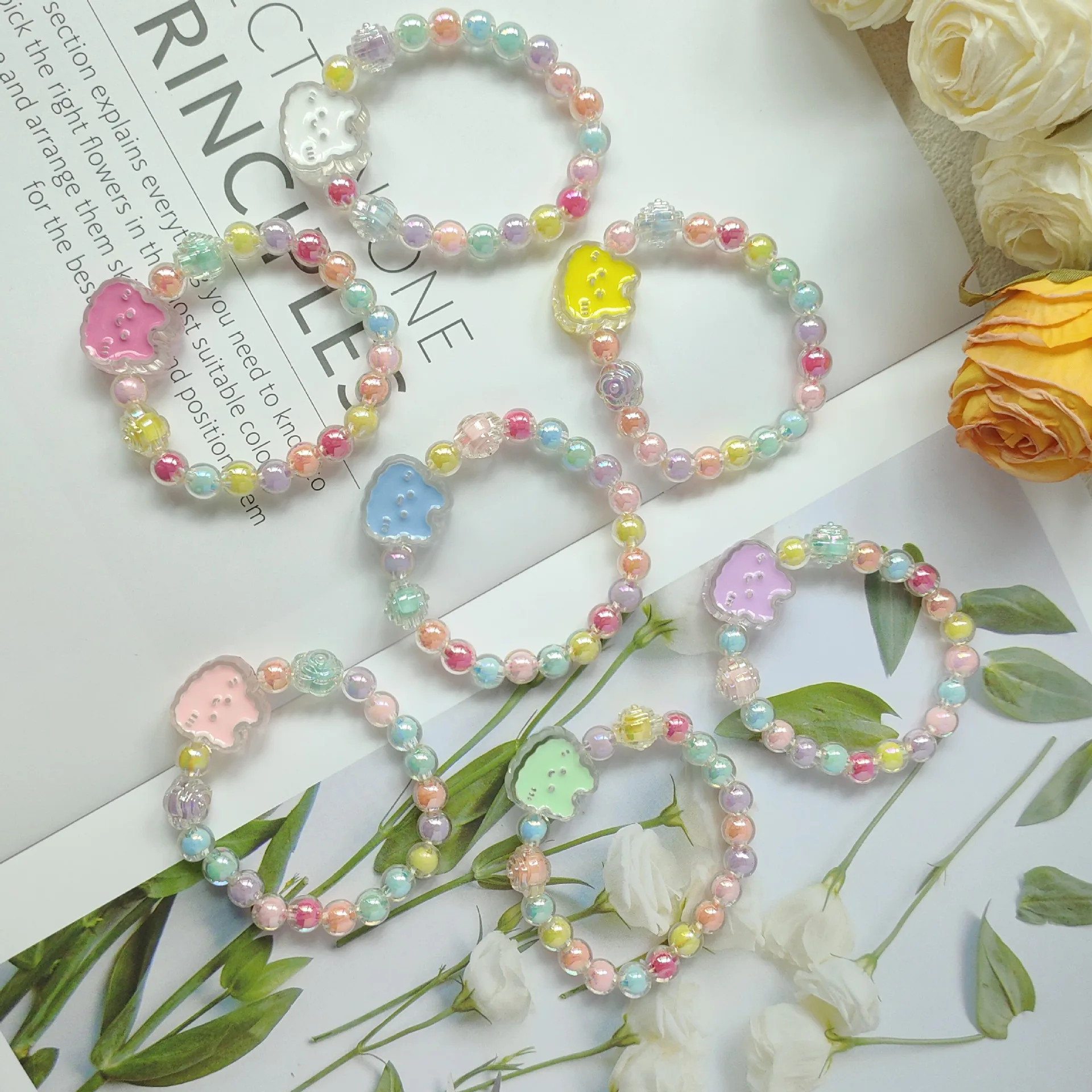 

Rainbow Acrylic Beads Adjustable Cute Cat Flower Charm Bracelet Bangles for Gils Kids Christmas Gifts