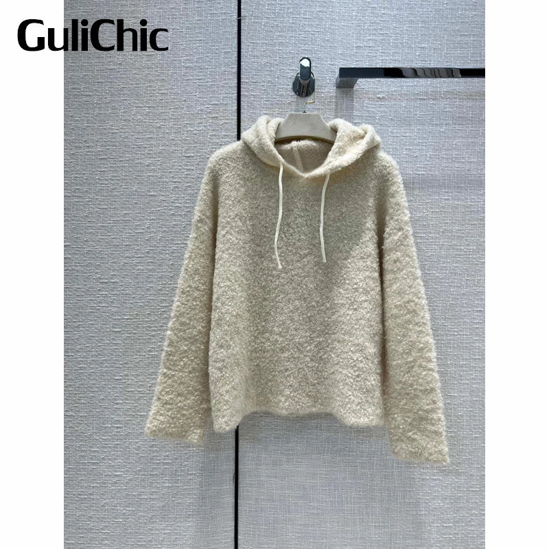 

7.5 GuliChic Women Drawstring Hooded Letter Jacquard Loose Cashmere Alpaca Knitted Long Sleeve Fluffy Pullover Sweater