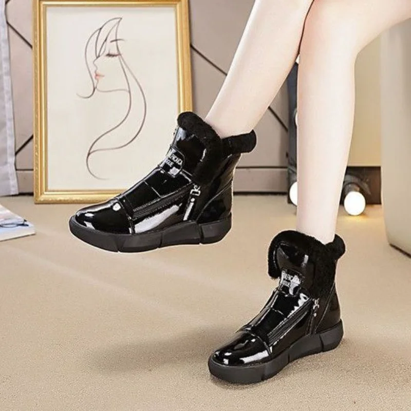 Women's Shoes Waterproof Warm Half Winter 2023 Furry Ankle Booties Padded Black Snow Boots Woman Hot Flat Chunky Autumn Footwear