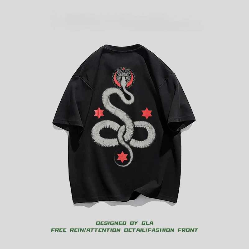 

European and American high street dark rattlesnake print cotton short sleeved T-shirt summer casual loose tops for men and women