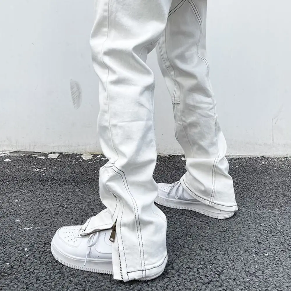 Men Jeans Hip Hop White Pants Loose Side Zipper Casual Loose Jeans Men Pants Denim Streetwear Wide Leg  Vintage