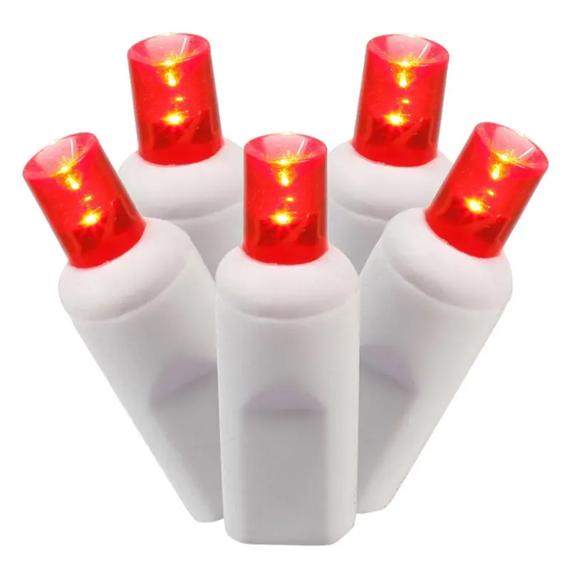 

Beautiful 100 Red Commercial Grade LED Wide Angle Christmas Lights with White Wire for Perfect Holiday Decorations.
