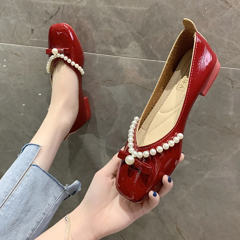 

Korean Shoes Pearl Decorateion Autumn Women's Heels Square Toe Casual Female Sneakers Soft Bow-Knot Flats 2022 Beading Fall Gran