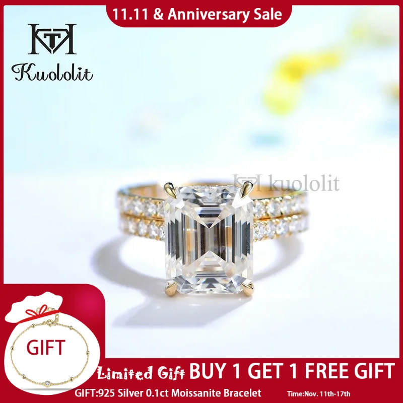 

Kuololit 5CT Moissanite AU750 18K 14K White Gold Set Ring for Women Emerald Cut D VVS Solitaire Ring for Engagement Party Gifts