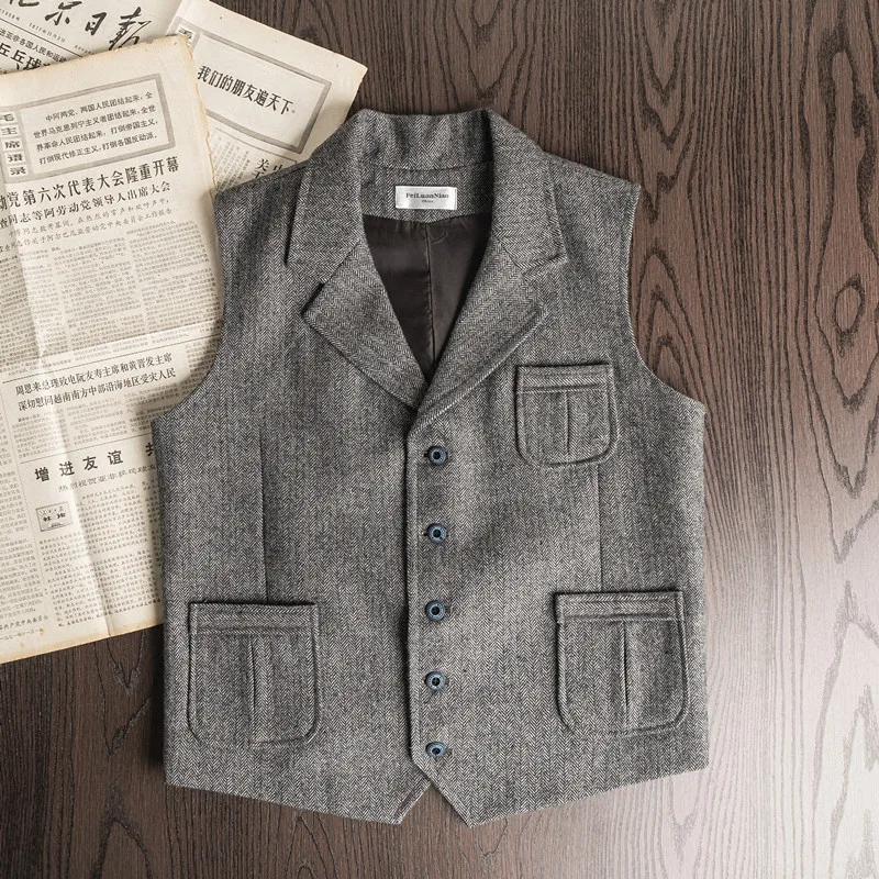 Men's Suit Vest Gray Lapel Collar Single Breasted Herringbone Tweed Retro Business Waistcoat Formal Wedding Bridegroom Vests