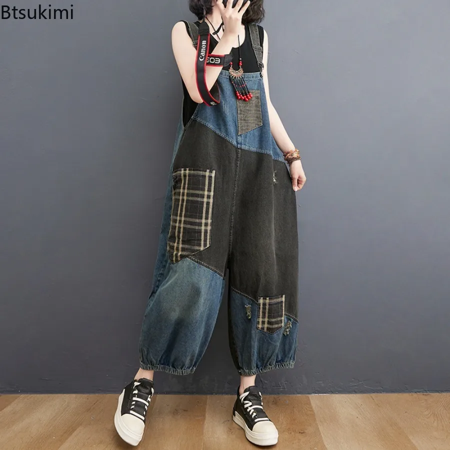 Брюки женские джинсовые большого размера модный клетчатый комбинезон в стиле