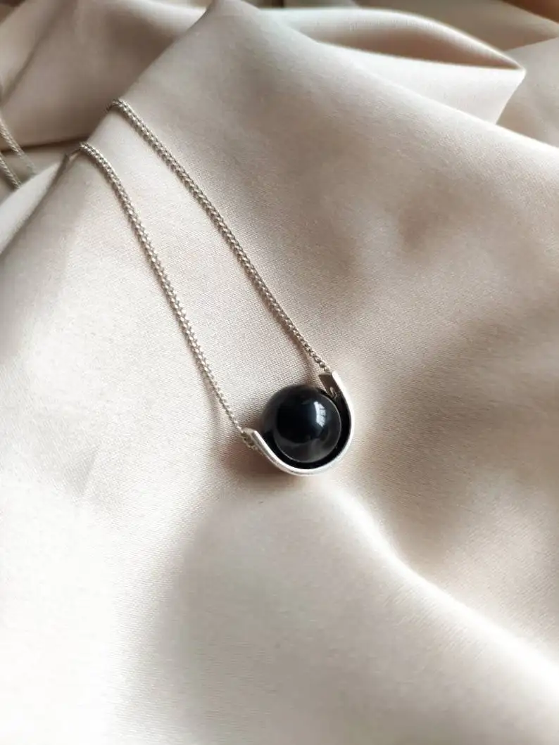 Black Tourmaline Silver Necklace, Sherl Stone Fidget Necklace for women, handmade gemstone empathetic protection necklace