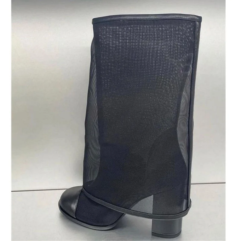 2023 New Black Women's Knee High Boots Round Toe Crude Heel Slip-on Ladies Shoes Mesh Breathable High Heel Fashion Zapatos Mujer