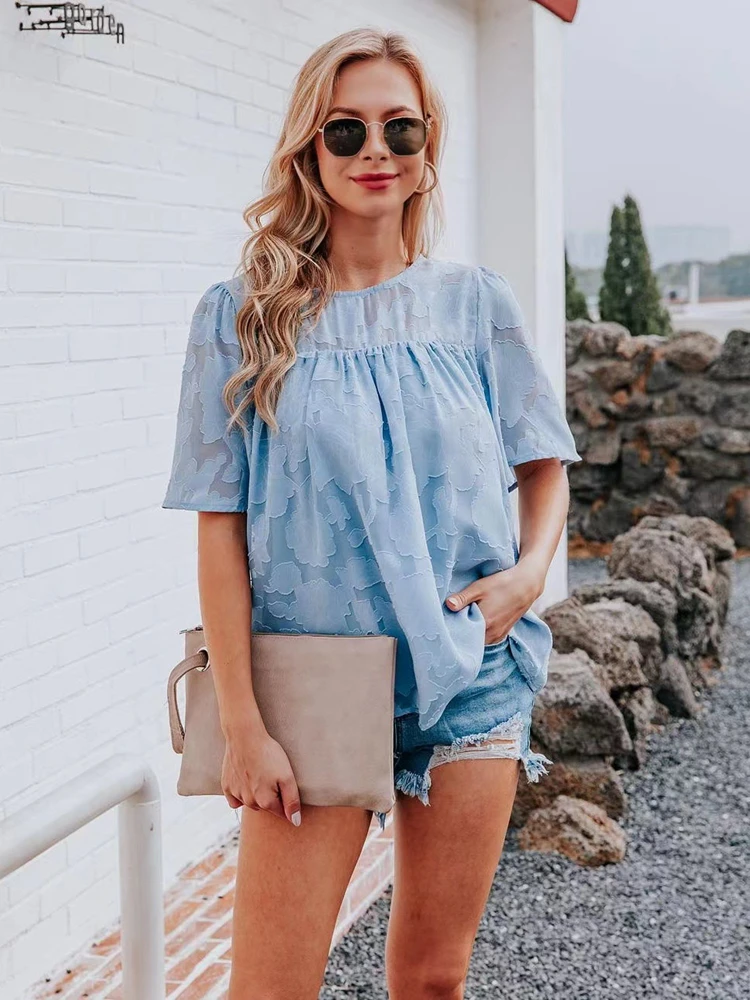 Chiffon Blouse Women New Summer Hollow Out Loose Shirt Tops Casual Short Sleeve Floral Printed Crew Neck Ruched 2022 |