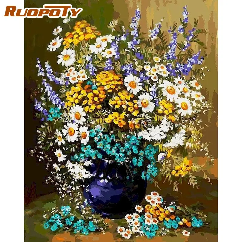 

RUOPOTY Yellow White Flower Picture By Numbers For Kids DIY Frame On Canvas Home Decoration Acrylic Oil Paint Color Canvas Arts