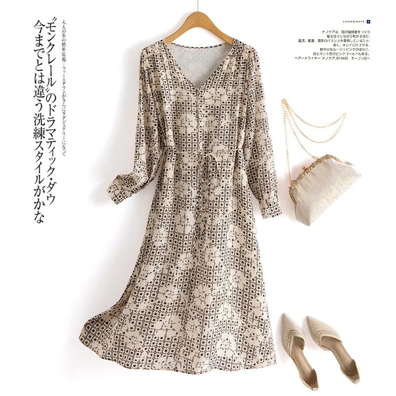 Платье женское из натурального шелка с V-образным вырезом и длинным рукавом